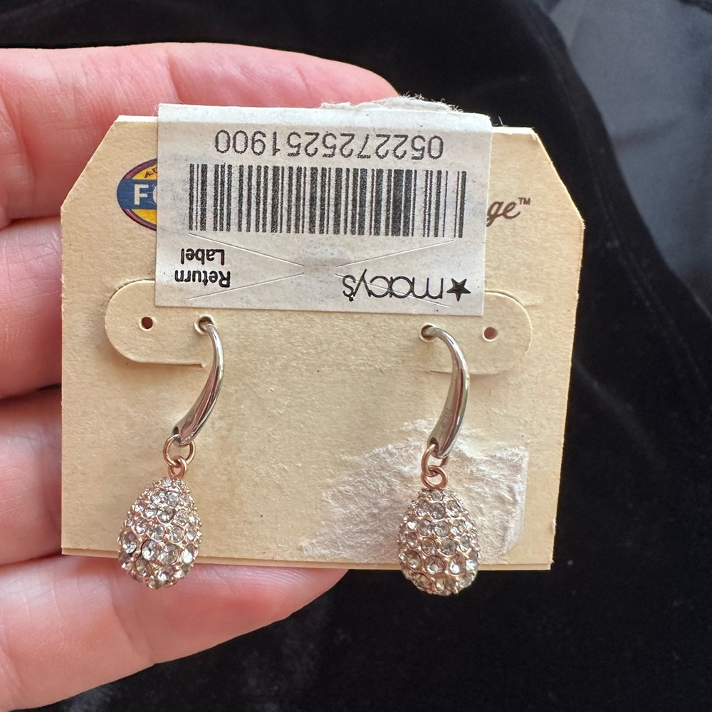 NWT Fossil Long Live Vintage Crystal Teardrop Earrings Stainless Steel Rose Gold - Picture 7 of 14